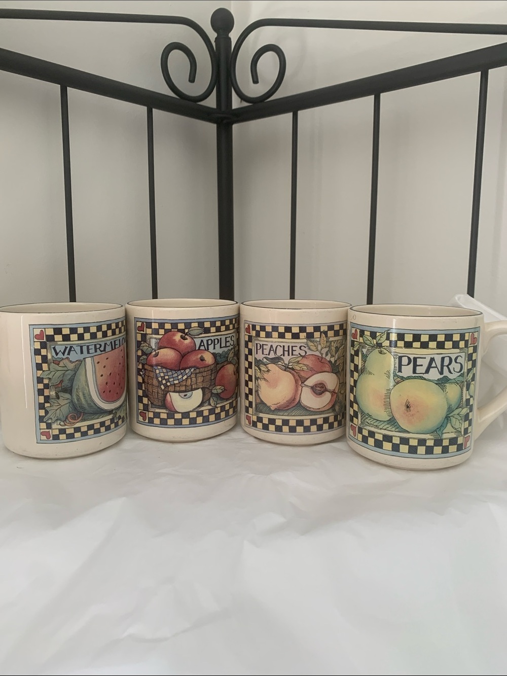 Set of Four Cream Ceramic Fruit Mugs with Multicolor Fruit Artwork